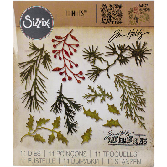 Holiday Greens, Mini - Sizzix Thinlits die cutting templates by Tim Holtz. Holly, pine, berries and other foliage designs to cut out of paper, cardstock, lightweight fabric and more for journaling, bookmaking, papercrafts, visual arts and scrapbooking. 11 (eleven) templates in total (no.661597). Use these beautiful detailed leaves, sprigs, berries and branches on tags, labels, banners, tickets, stationery pieces, journal fodder, junk journal pages, scrapbooking elements and much more.