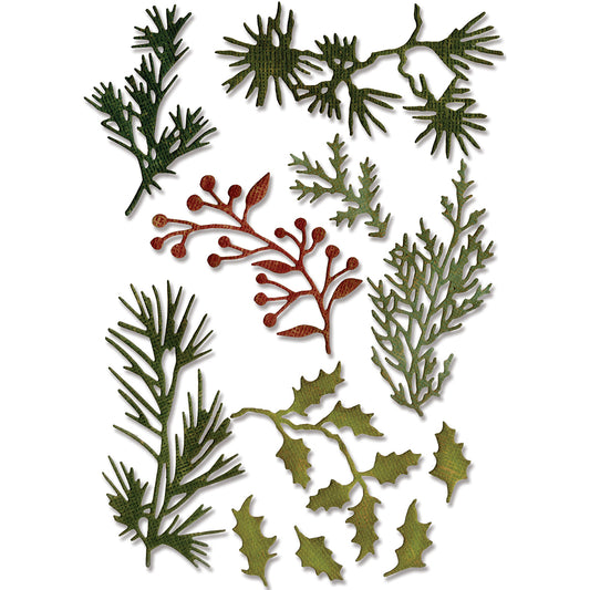 Designs of Holiday Greens, Mini - Sizzix Thinlits die cutting templates by Tim Holtz. Holly, pine, berries and other foliage designs to cut out of paper, cardstock, lightweight fabric and more for journaling, bookmaking, papercrafts, visual arts and scrapbooking. 11 (eleven) templates in total (no.661597). Use these beautiful detailed leaves, sprigs, berries and branches on tags, labels, banners, tickets, stationery pieces, journal fodder, junk journal pages, scrapbooking elements and much more.