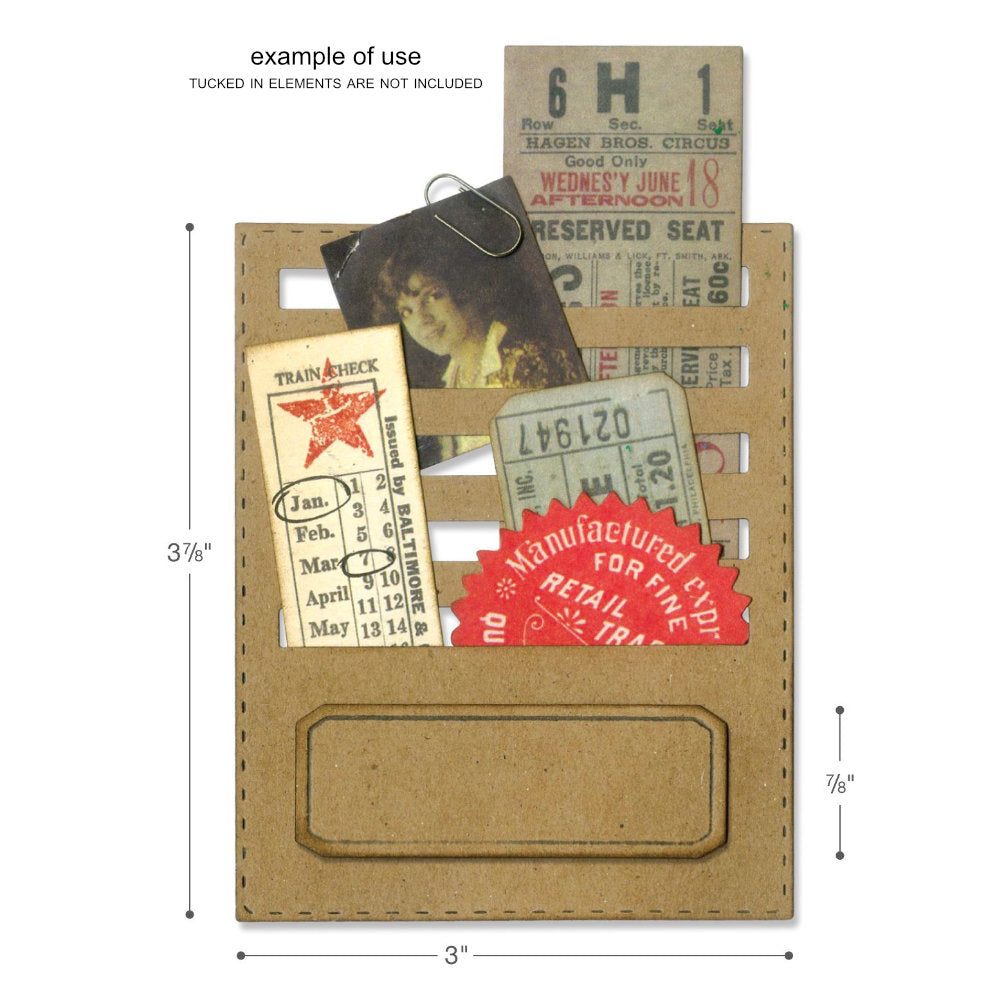 Stitched Slots - Sizzix Thinlits die cutting templates by Tim Holtz. Create personalised pockets and stationery pieces out of paper, cardstock, vellum and tissue for mixed media, papercrafts, scrapbooking, bookmaking and more (no.662697). 2 (two) templates.
This set of Thinlits and Framelits includes designs that will enable you create wonderful elements to use as journal fodder, diary notes, calendar pockets, junk journal pages, scrapbooking elements and much more.
