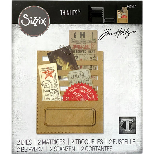 Stitched Slots - Sizzix Thinlits die cutting templates by Tim Holtz. Create personalised pockets and stationery pieces out of paper, cardstock, vellum and tissue for mixed media, papercrafts, scrapbooking, bookmaking and more (no.662697). 2 (two) templates.
This set of Thinlits and Framelits includes designs that will enable you create wonderful elements to use as journal fodder, diary notes, calendar pockets, junk journal pages, scrapbooking elements and much more.