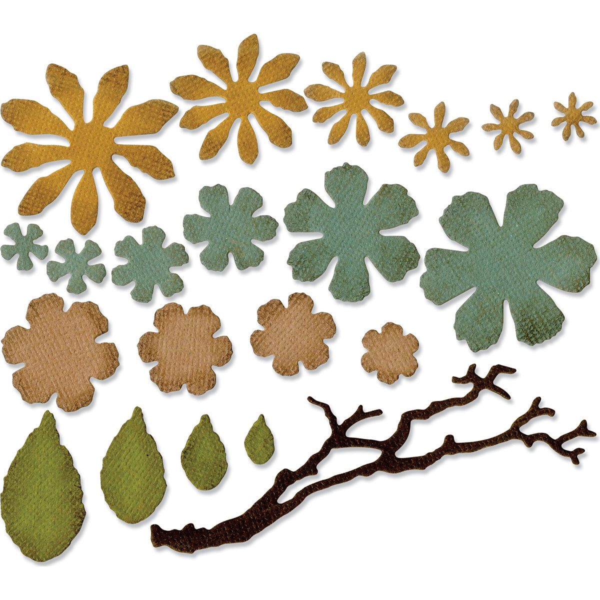 Small Tattered Florals ... Thinlits - Die Cutting Templates by Tim Holtz and Sizzix (no. 661806). 21 (twenty one) dies for cutting out layered flower petals, leaves and a branch.
Grow flowers with multiple petals and leaves, give them shape using tools and a foam mat, and cluster together on the branch or make stems. Make all kinds of flowers in a rainbow of colours to create a painting, make a card, grow a garden, whatever you wish!