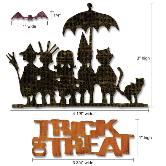 Trick or Treat - Sizzix Thinlits die cutting templates by Tim Holtz. Use to create layered dimensional makes out of paper, cardstock, lightweight fabric and more for journaling, bookmaking, papercrafts, visual arts and scrapbooking. 3 (three) templates of a bat, trick or treat label and row of children with cat and umbrella (no.662384). This set of Thinlits (from the vault) includes designs that will enable you create fantastic layers for your Halloween themed creativities.