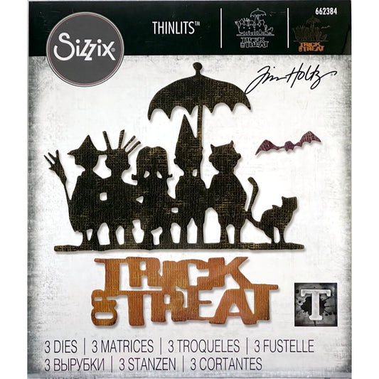 Trick or Treat - Sizzix Thinlits die cutting templates by Tim Holtz. Use to create layered dimensional makes out of paper, cardstock, lightweight fabric and more for journaling, bookmaking, papercrafts, visual arts and scrapbooking. 3 (three) templates of a bat, trick or treat label and row of children with cat and umbrella (no.662384).
This set of Thinlits (from the vault) includes designs that will enable you create Halloween inspired projects, dress up parties and more.