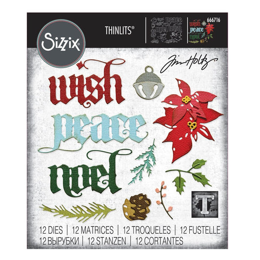 Holiday Classic - from the Vault ... Thinlits Die Cutting Templates by Tim Holtz, made by Sizzix (no.666716). These designs cut out three festive words (wish, peace, noel) in beautiful olde worlde typeface, plus a bell, poinsettias, foliage and pinecone.