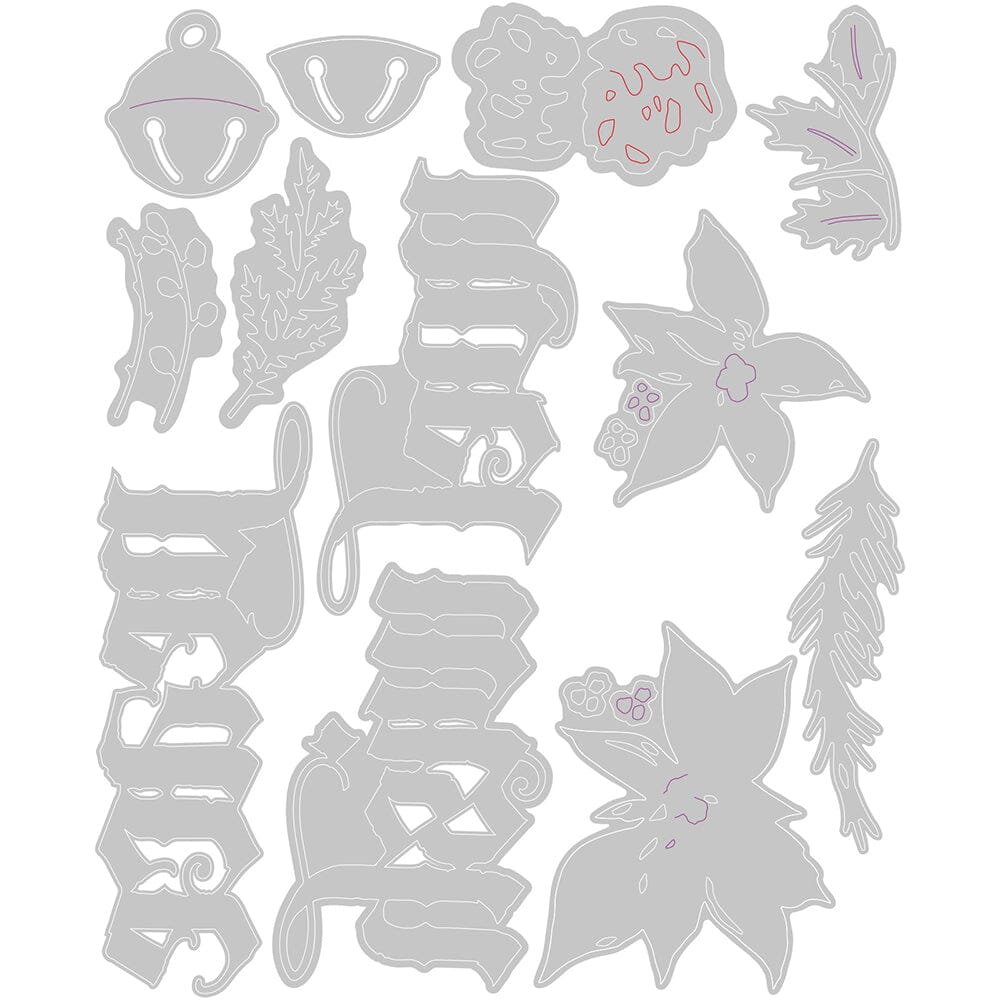 Holiday Classic - from the Vault ... Thinlits Die Cutting Templates by Tim Holtz, made by Sizzix (no.666716). These designs cut out three festive words (wish, peace, noel) in beautiful olde worlde typeface, plus a bell, poinsettias, foliage and pinecone. Image of the templates.