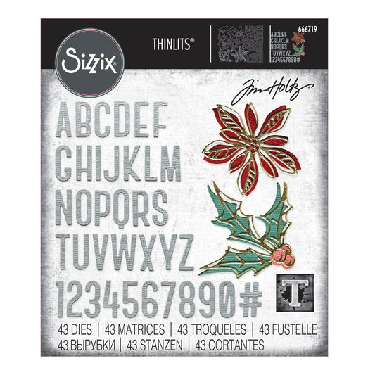 Seasonal Sketch - from the Vault ... Thinlits Die Cutting Templates by Tim Holtz, made by Sizzix (no.666719). These designs cut out an alphabet (uppercase condensed typeface with numbers and hashtag) and two Christmas themed foliage (poinsettia and holly).