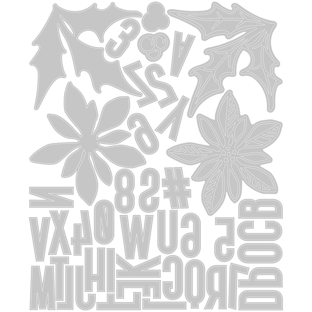 Seasonal Sketch - from the Vault ... Thinlits Die Cutting Templates by Tim Holtz, made by Sizzix (no.666719). These designs cut out an alphabet (uppercase condensed typeface with numbers and hashtag) and two Christmas themed foliage (poinsettia and holly). Image showing all the templates.