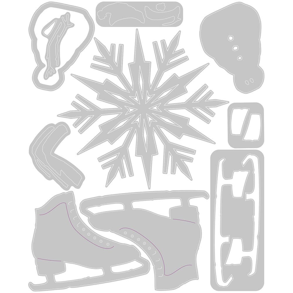 Winter Wishes - from the Vault ... Thinlits Die Cutting Templates by Tim Holtz, made by Sizzix (no.666717). These designs cut out a little snowman with scarf, arms, hat and carrot nose, plus a beautiful snowflake and a detailed pair of vintage ice skates. Image of templates.