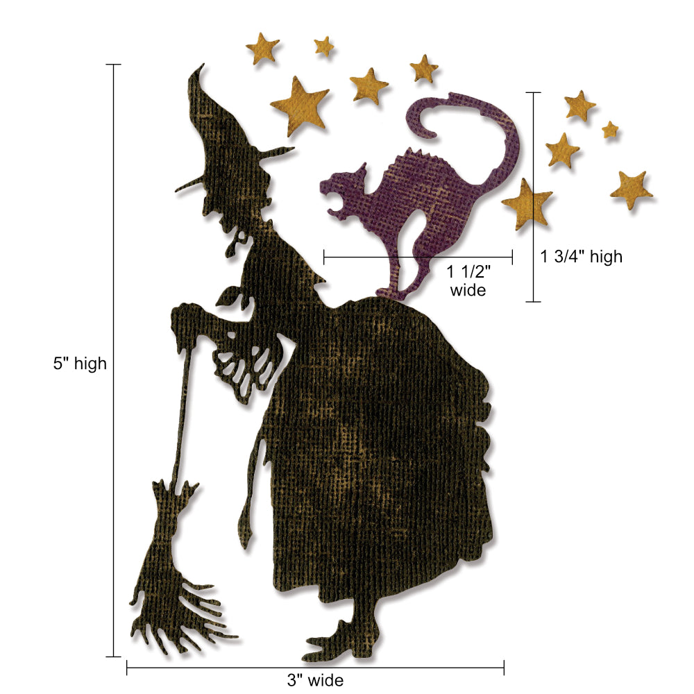 Witchcraft - Sizzix Thinlits die cutting templates by Tim Holtz. Use the witch, cat and stars to create layered dimensional makes out of paper, cardstock, lightweight fabric and more for journaling, bookmaking, papercrafts, visual arts and scrapbooking. 3 (three) templates of a witch with broomstick, cat and 10 5-pointed stars (no.662386). This set of Thinlits (from the vault) includes designs that will enable you create Halloween inspired projects, dress up parties and more.