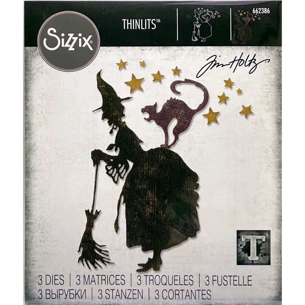 Witchcraft - Sizzix Thinlits die cutting templates by Tim Holtz. Use the witch, cat and stars to create layered dimensional makes out of paper, cardstock, lightweight fabric and more for journaling, bookmaking, papercrafts, visual arts and scrapbooking. 3 (three) templates of the sideview of a witch with broomstick, cat and set of 10 5-pointed stars (no.662386).
This set of Thinlits (from the vault) includes designs that will enable you create Halloween inspired projects, dress up parties and more.