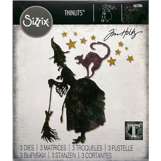 Witchcraft - Sizzix Thinlits die cutting templates by Tim Holtz. Use the witch, cat and stars to create layered dimensional makes out of paper, cardstock, lightweight fabric and more for journaling, bookmaking, papercrafts, visual arts and scrapbooking. 3 (three) templates of the sideview of a witch with broomstick, cat and set of 10 5-pointed stars (no.662386).
This set of Thinlits (from the vault) includes designs that will enable you create Halloween inspired projects, dress up parties and more.