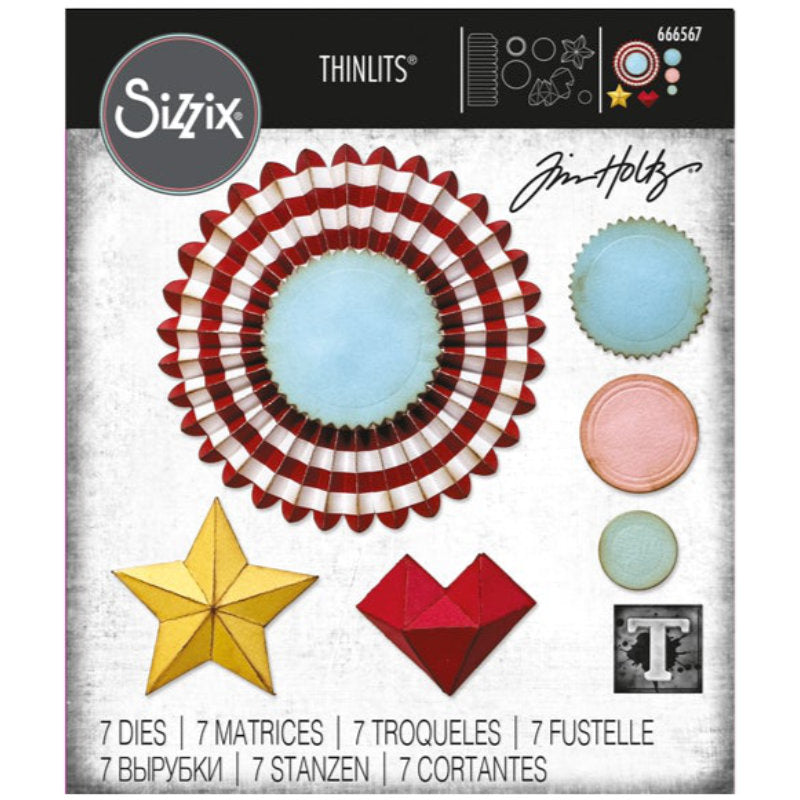 Rosettes from the Vault - Sizzix Thinlits die cutting templates by Tim Holtz. Create personalised 3D stars, 3D hearts, embossed labels and concertina rosettes out of paper, cardstock, vellum and tissue for mixed media, papercrafts, scrapbooking, bookmaking and more (no.666567). 7 (seven) templates.
