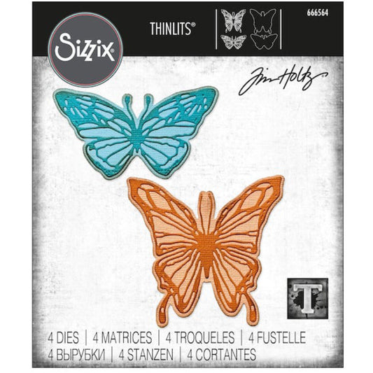 Scribbly Butterflies, large - from the Vault Thinlits Die Cutting Templates by Tim Holtz, made by Sizzix (no.666564). These designs cut out 2 beautiful butterflies including their backing piece and detailed upper layers. Add these wonderful and versatile designs to greeting cards, tags, off the page displays, cards, scrapbook pages, art journaling, all kinds of visual arts and papercrafts.