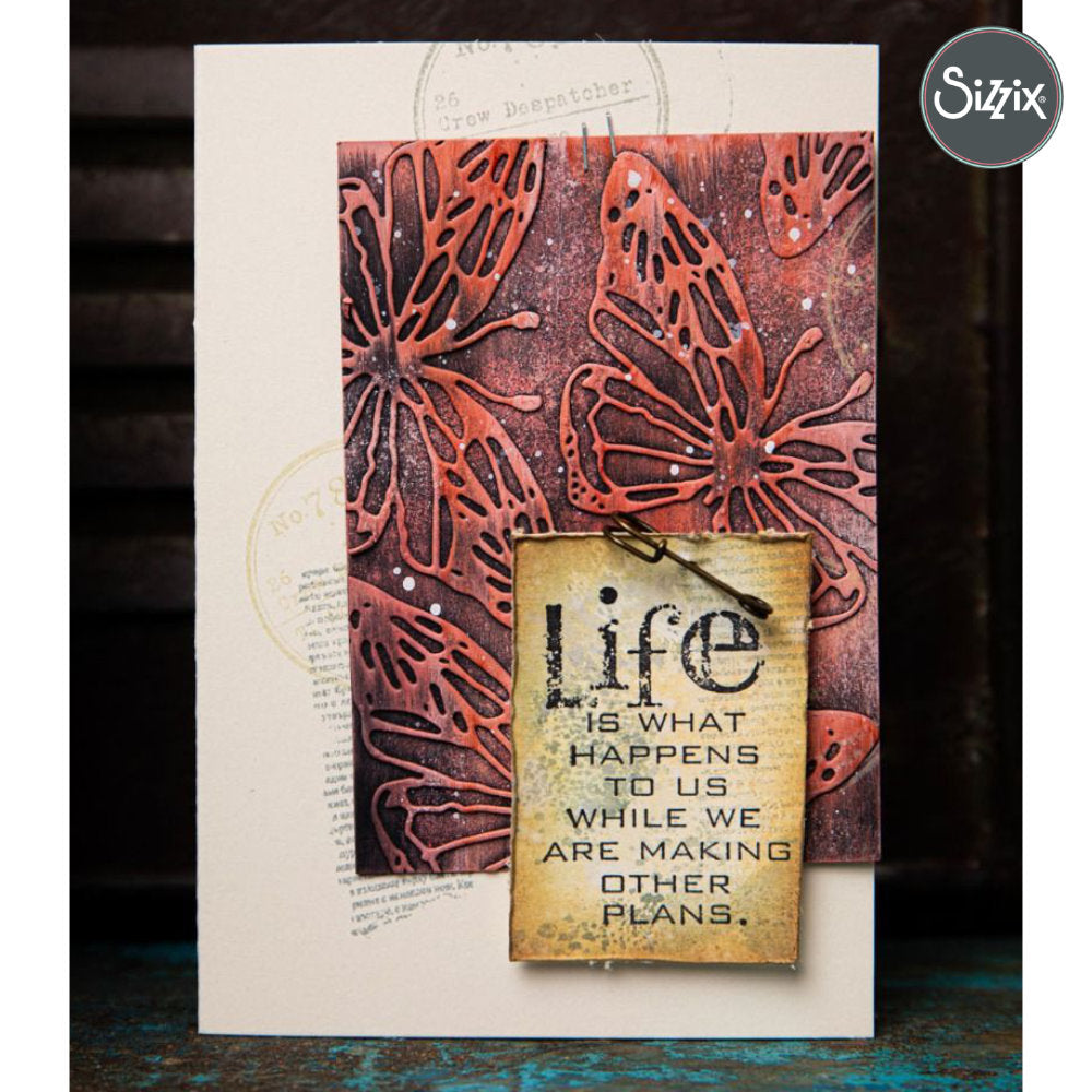 quick card made using - Scribbly Butterflies, large - from the Vault Thinlits Die Cutting Templates by Tim Holtz, made by Sizzix (no.666564). These designs cut out 2 beautiful butterflies including their backing piece and detailed upper layers. Add these wonderful and versatile designs to greeting cards, tags, off the page displays, cards, scrapbook pages, art journaling, all kinds of visual arts and papercrafts.