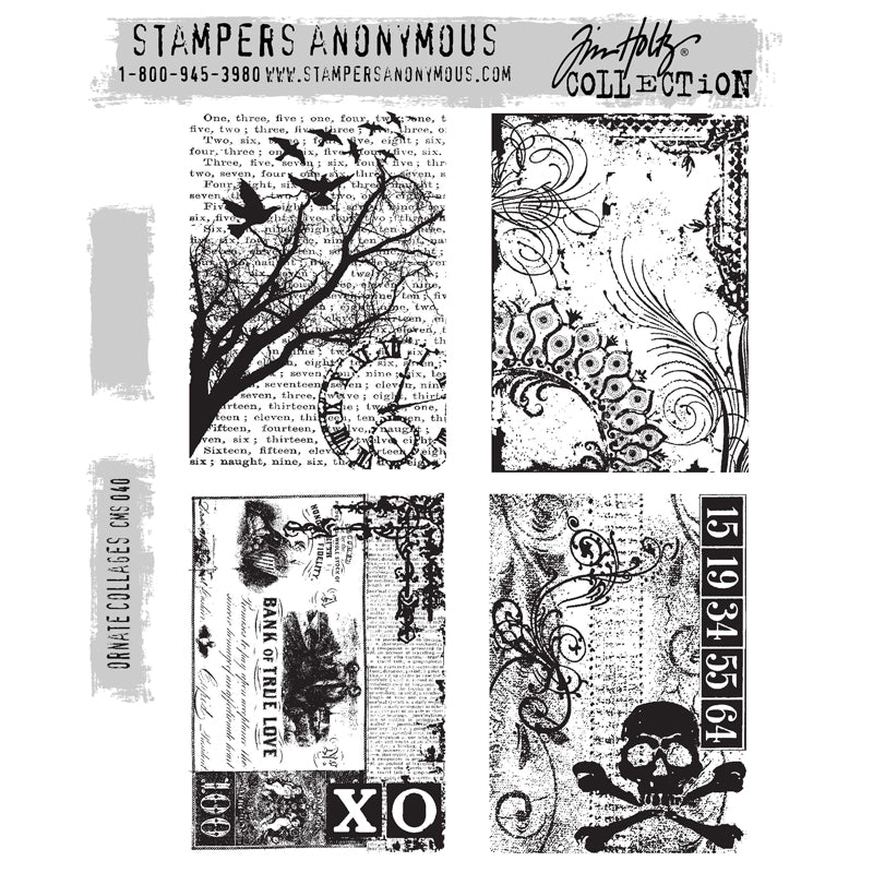 Ornate Collages ... by Tim Holtz and Stampers Anonymous (CMS040). Four scenes with a vintage overlaid imagery featuring birds flying over wild background, intricate swirls and corners, rustic swirls with skull and crossbones, card for bank of true love. Set includes 4 (four) rubber stamps for creating art, cards, tags, mixed media, journaling, visual arts and papercrafts.
Tim Holtz Stamps 'Ornate Collages' includes four designs in a beautiful rustic distressed collage style