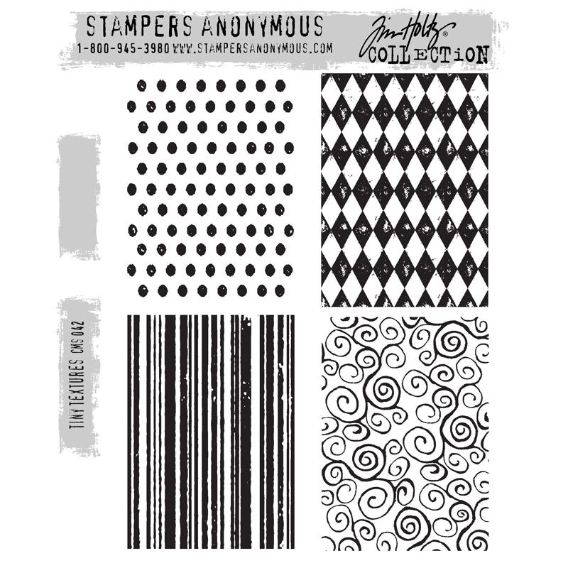 Tiny Textures ... by Tim Holtz and Stampers Anonymous (cms042). Patterned background imagery featuring polka dots, harlequin diamonds, distressed stripes, inky spirals. Set includes 4 (four) rubber stamps for creating art, cards, tags, mixed media, journaling, visual arts and papercrafts. Tim Holtz Stamps 'Tiny Textures' includes four designs - rows of spots (all the same size, 3mm), harlequin style diamond check pattern, distressed stripes, finely drawn wild inky spirals.