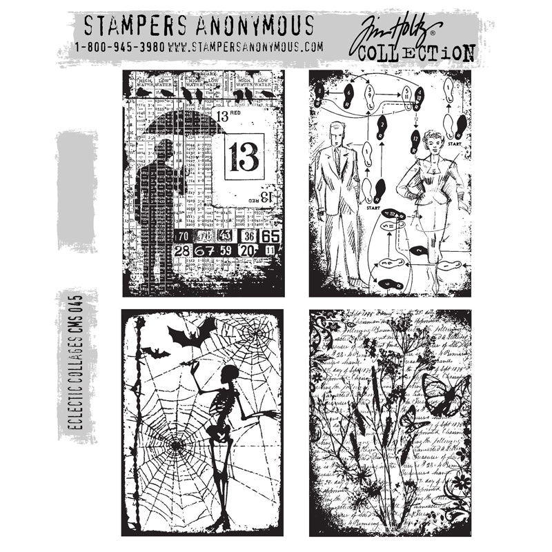 Eclectic Collages ... by Tim Holtz and Stampers Anonymous (CMS045). Four scenes with a vintage overlaid imagery featuring the Umbrella Man with birds on a wire, dance card, butterfly with collaged text, dancing skeleton with cobwebs and bats. Set includes 4 (four) rubber stamps for creating art, cards, tags, mixed media, journaling, visual arts and papercrafts
Tim Holtz Stamps 'Eclectic Collages' includes four designs in a beautiful rustic distressed collage style