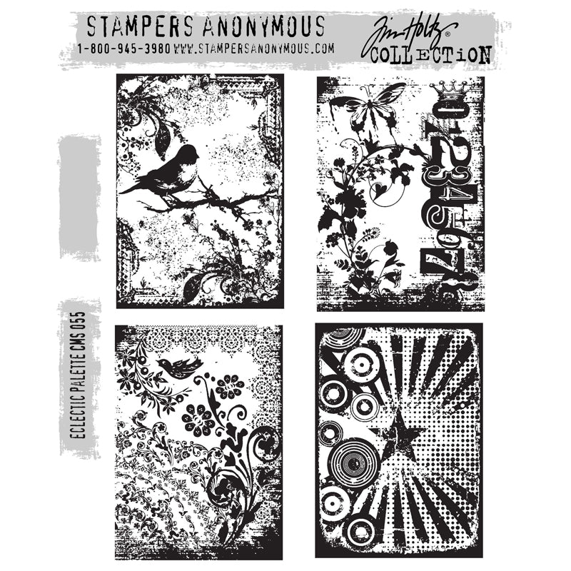 Eclectic Palette ... by Tim Holtz and Stampers Anonymous (CMS055). Four scenes with a butterfly, birds, florals, laces, stars, distressed elements. Set includes 4 (four) rubber stamps for creating art, cards, tags, mixed media, journaling, visual arts and papercrafts.
Tim Holtz Stamps 'Eclectic Palette' includes four designs in a beautiful rustic distressed collage style.