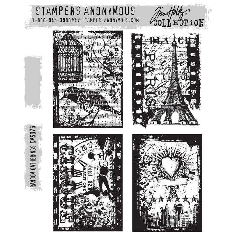 Random Gatherings ... by Tim Holtz and Stampers Anonymous (CMS076). Four scenes with a vintage overlaid imagery featuring ornate bird, sheet music and cage, the Eiffel Tower and Paris collage, Rockstar heart with cityscape, circus elements with strongman and clowns (friendly ones). Set includes 4 (four) rubber stamps for creating art, cards, tags, mixed media, journaling, visual arts and papercrafts. Tim Holtz Stamps 'Random Gatherings' includes four designs in a beautiful rustic distressed collage style