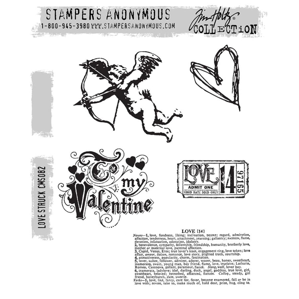 Love Struck ... rubber stamps by Tim Holtz and Stampers Anonymous (CMS082). 5 (five) designs - flying Cupid with bow and arrow, scribbly heart, ornately styled 'to my Valentine' label, ticket stub, love dictionary definition.
This set features a vintage Cupid flying through the air with feathery angel wings holding a bow and arrow at the ready, a scribbly inky love heart shape, an intricately designed saying 'to my Valentine' in a gorgeous style with hearts and scrolls and tweaks.