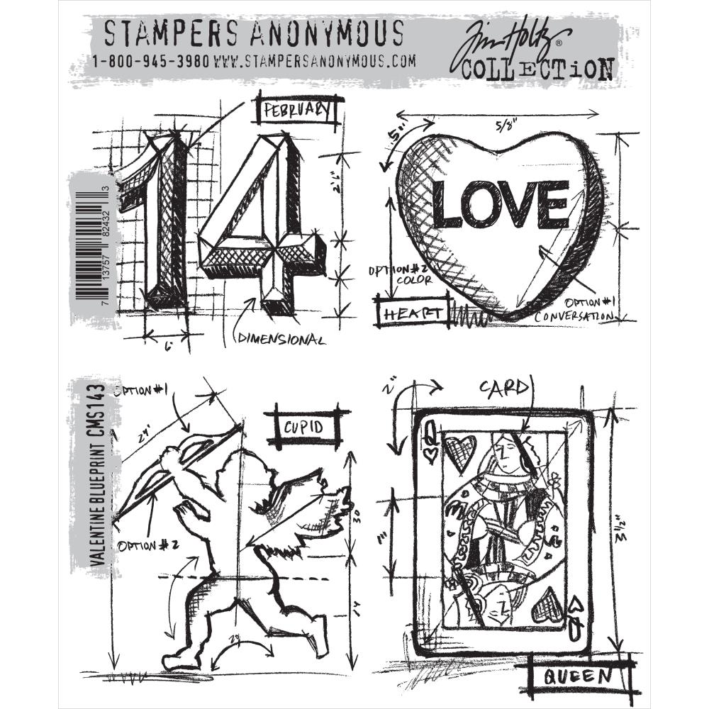 Valentine Blueprint ... rubber stamps by Tim Holtz and Stampers Anonymous (CMS143). 4 (four) designs - the number 14, heart with love, Cupid and Queen of hearts playing card.
Blueprint style stamps from Tim Holtz feature notations and markings often found on vintage architectural plans... ideal for backgrounds and featured elements in stamping projects.