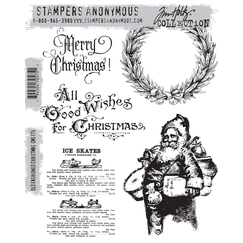 Old Fashioned Christmas ... red rubber stamp set by Tim Holtz and Stampers Anonymous (CMS175). Greetings, foliage wreath, Santa Claus and advert for Ice Skates. Perfect for making junk journals, accordion booklets, ATCs and cards, journal pages, scrapbooking, art, postcards, tags, mixed media and other crafty papercrafts. 5 (five) designs.
This set has two greetings in a beautiful olde worlde typestyle (see pic) - Merry Christmas, All Good Wishes for Christmas