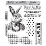 Mr Rabbit ... by Tim Holtz and Stampers Anonymous (cms478). One handsome bunny and four wonderful patterns. Set includes 5 red rubber cling mounted stamps for creating journal pages, scrapbooking, art, cards, tags, mixed media, visual arts and papercrafts. Tim Holtz's Mr Rabbit stamp set of the most handsome bunny portrait wearing a jacket and bow tie, with complimenting textures and plates. Mr Rabbit is 3 1/2" x 4 3/4" high, from the bottom of his waistcoat neckline to the tips of his beautiful long ears.