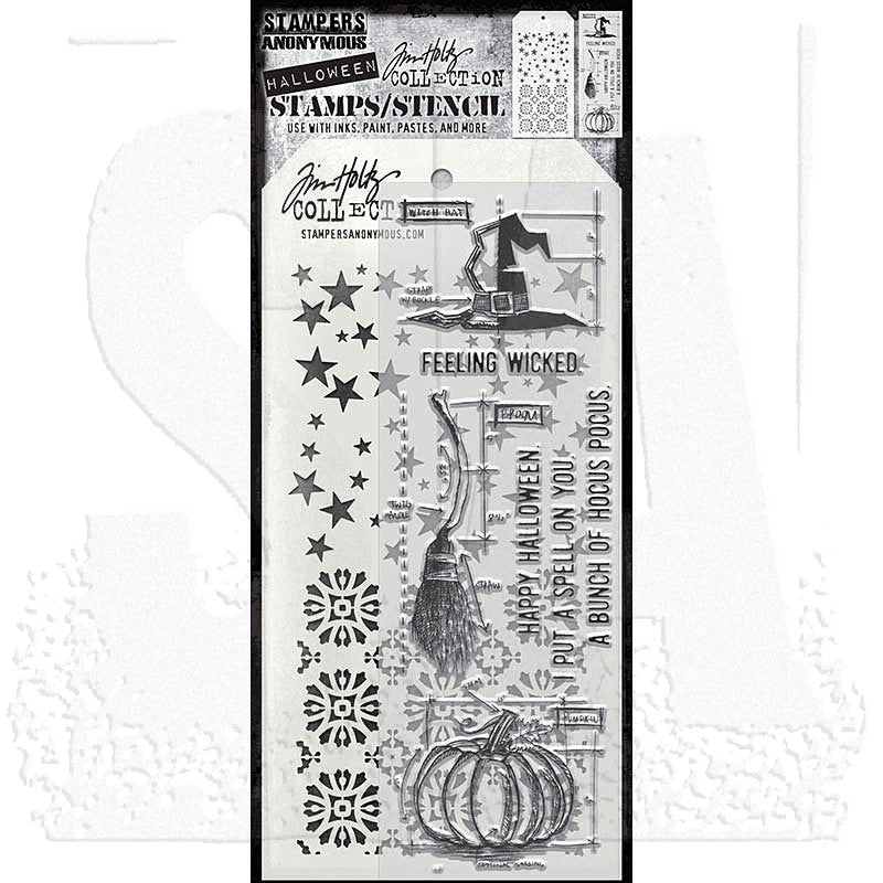 Blueprint Spells - Clear Stamps and Stencil Set ... by Tim Holtz and Stampers Anonymous. Set of 7 (seven) clear photopolymer stamps featuring blueprint style broomstick, hat and pumpkin with messages in uppercase plus 1 (one) combo stencil with 2 designs, for using in papercrafts, mixed media, journaling, scrapbooking and other creative arty adventures (THMM201).