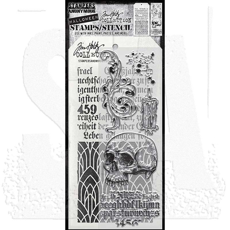 Foreboding - Clear Stamps and Stencil Set ... by Tim Holtz and Stampers Anonymous. Set of five (five) clear photopolymer stamps featuring a skull, candle, faded type, scroll and splatters plus 1 (one) combo stencil with 2 designs, for using in papercrafts, mixed media, journaling, scrapbooking and other creative arty adventures (THMM200).