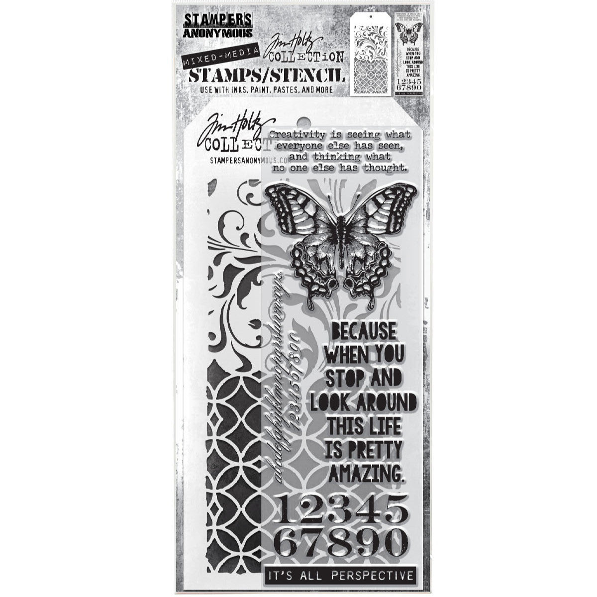 Perspective - Clear Stamps and Stencil Set ... by Tim Holtz and Stampers Anonymous. Set of 6 (six) clear photopolymer stamps featuring a large butterfly with quotes and text elements, plus 1 (one) combo stencil with 2 designs, for using in papercrafts, mixed media, journaling, scrapbooking and other creative arty adventures (THMM115). This beautiful set features a wonderful butterfly from the 'Perspective' stamp set (also available, sold separately) along with quote stamps and other elements.