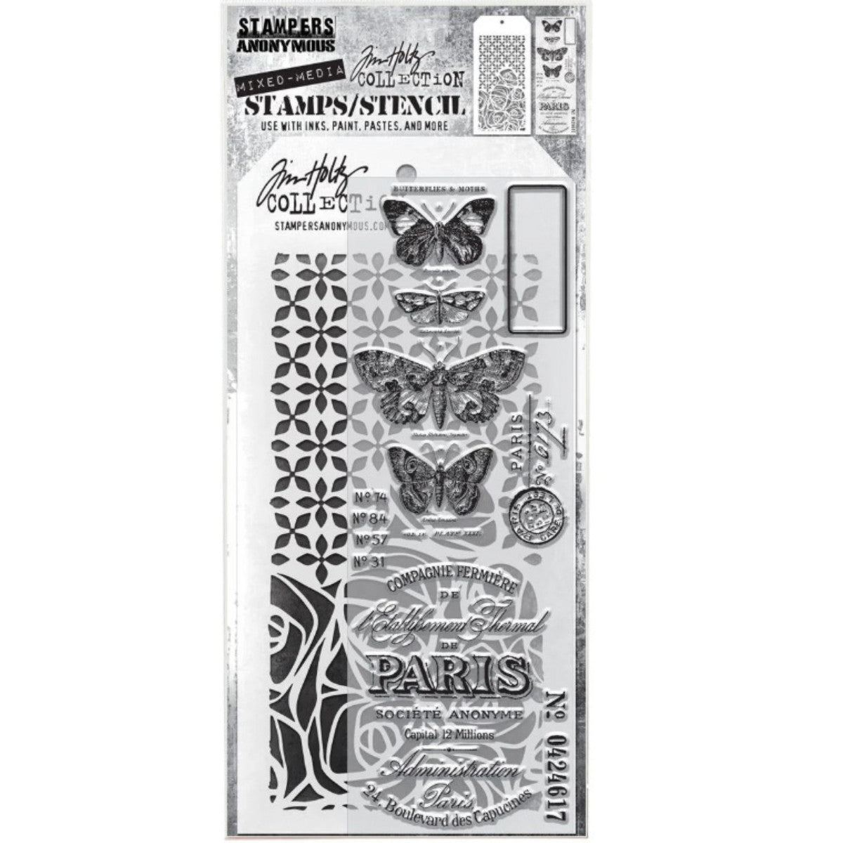 Papillon in Paris - Clear Stamps and Stencil Set ... by Tim Holtz and Stampers Anonymous. Set of 2 (two) clear photopolymer stamps featuring beautiful vintage butterflies, labels and French society advert, plus 1 (one) combo stencil with 2 designs, for using in papercrafts, mixed media, journaling, scrapbooking and other creative arty adventures (THMM120). This wonderfully vintage set includes the label with the word Paris in the centre of an advert, plus labels, postmark, rectangle frame and insects.