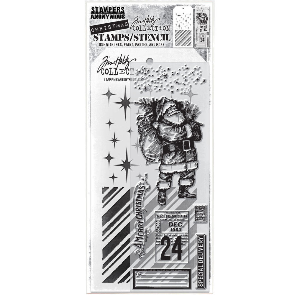 Vintage Holidays - Clear Stamps and Stencil Set ... by Tim Holtz and Stampers Anonymous. Set of clear photopolymer stamps featuring 7 (seven) beautiful Christmas designs plus 1 (one) combo stencil with 2 patterns, for using in cardmaking, junk journals, papercrafts, mixed media, journaling, scrapbooking and other creative arty adventures (THMM131). Images include Father Christmas, labels and stars.