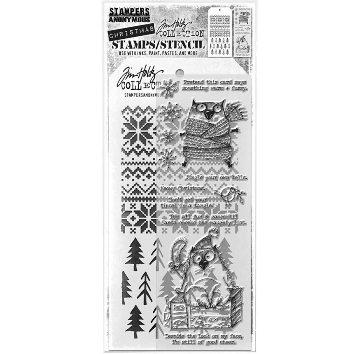 Snarky Cat THMM134 - Christmas and Wintery themes with robin (little bird holding holly), and various quotes. Tim Holtz Mixed Media Set includes clear photopolymer stamps and a custom layering stencil designed to add texture and imagery to your creativity. Use with your favourite inks, paints, sprays, and embossing pastes.