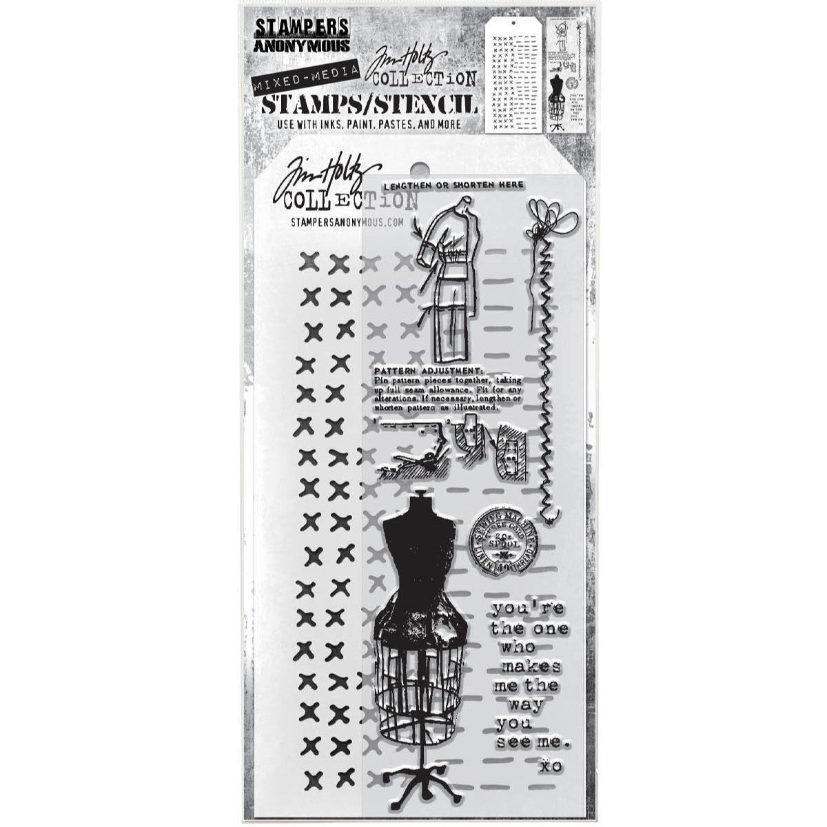 Haberdashery - Clear Stamps and Stencil Set ... by Tim Holtz and Stampers Anonymous. Set of 5 (five) clear photopolymer stamps featuring a tailor's mannequin (dressmaker's girtie) with sewing inspired elements, plus 1 (one) combo stencil with 2 designs, for using in papercrafts, mixed media, journaling, scrapbooking and other creative arty adventures (THMM142).