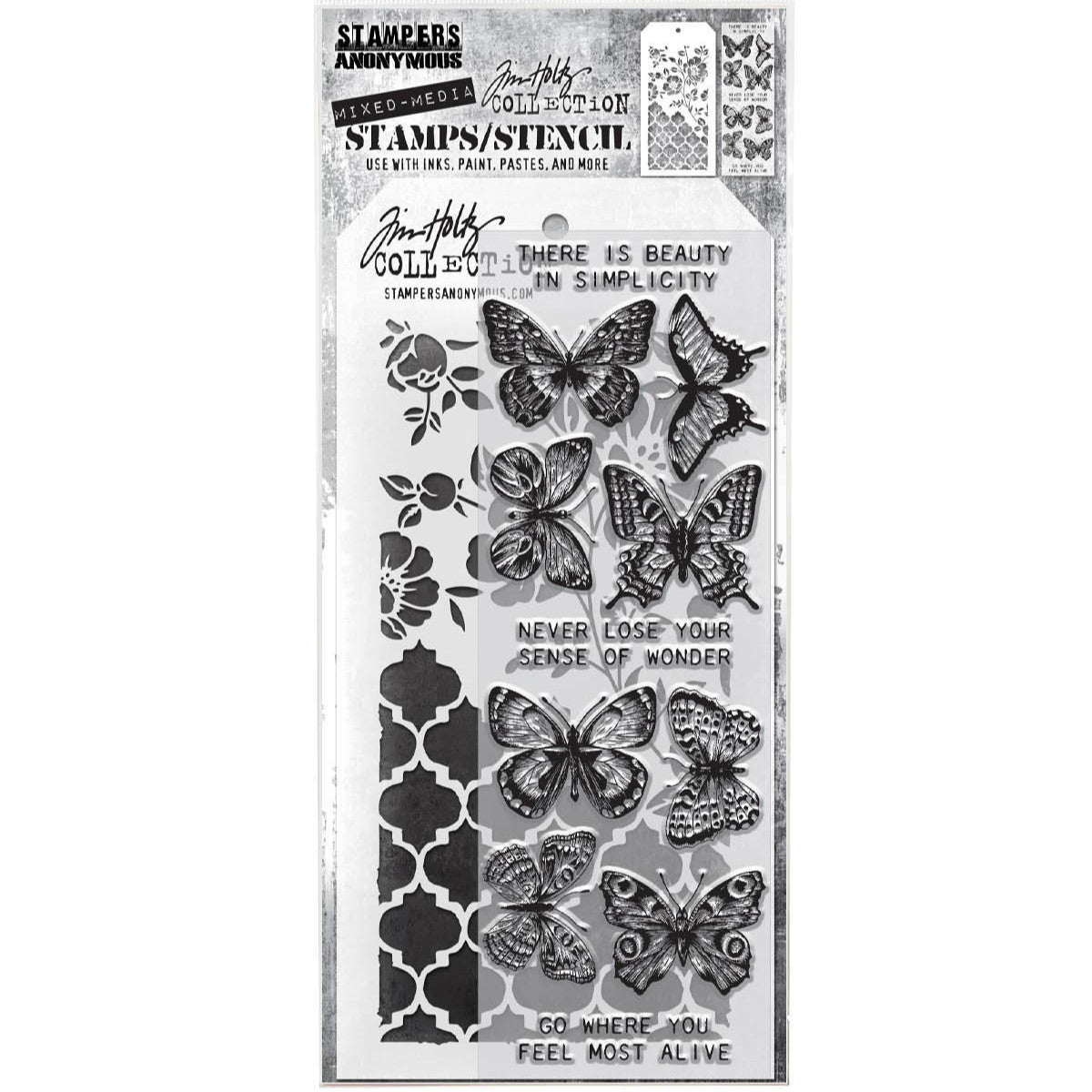 Flutter - Clear Stamps and Stencil Set ... by Tim Holtz and Stampers Anonymous. Set of 11 (eleven) clear photopolymer stamps featuring a large butterfly with quotes and text elements, plus 1 (one) combo stencil with 2 designs, for using in papercrafts, mixed media, journaling, scrapbooking and other creative arty adventures (THMM144). This beautiful set features a wonderful flock of flying butterfies (8 different species), with 3 quote stamps,