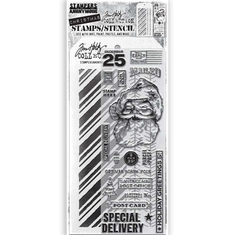 Jolly Santa - Clear Stamps and Stencil Set ... by Tim Holtz and Stampers Anonymous. Set of clear photopolymer stamps featuring 19 (nineteen) beautiful Christmas designs plus 1 (one) combo stencil with 2 patterns, for using in cardmaking, junk journals, papercrafts, mixed media, journaling, scrapbooking and other creative arty adventures (THMM154). Designs include mail art labels, numbers, correspondence labels, postmarks, star, tree, stamps, circle (2 for 25c) and Father Christmas portrait.
