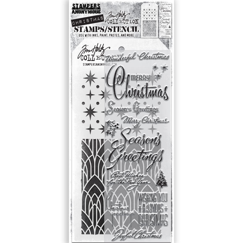 Christmastime - Clear Stamps and Stencil Set ... by Tim Holtz and Stampers Anonymous. Set of clear photopolymer stamps featuring 12 (twelve) beautiful Christmas designs plus 1 (one) combo stencil with 2 patterns, for using in cardmaking, junk journals, papercrafts, mixed media, journaling, scrapbooking and other creative arty adventures (THMM156).
This wonderful selection of designs includes messages and greetings for the festive season in a wide variety of typestyles, both modern and traditional.