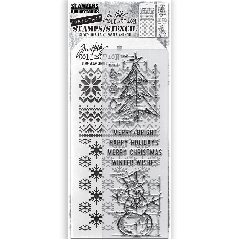 Blueprint of Tree, Snowman - Clear Stamps and Stencil Set ... by Tim Holtz and Stampers Anonymous. Set of clear photopolymer stamps featuring 6 (six) Christmas designs plus 1 (one) combo stencil with 2 patterns, for using in cardmaking, junk journals, papercrafts, mixed media, journaling, scrapbooking and other creative arty adventures (THMM158). This wonderful selection of designs includes blueprint style images of a Christmas tree and snowman, complete with drafter's markings and notations, plus greetings