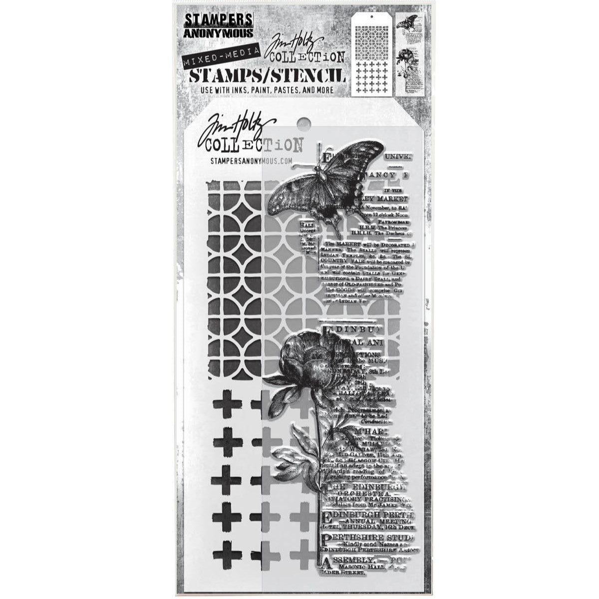 Botanic Collage - Clear Stamps and Stencil Set ... by Tim Holtz and Stampers Anonymous. Set of 2 (two) clear photopolymer stamps featuring beautiful designs overlaid onto newsprint, plus 1 (one) combo stencil with 2 designs, for using in papercrafts, mixed media, journaling, scrapbooking and other creative arty adventures (THMM160).