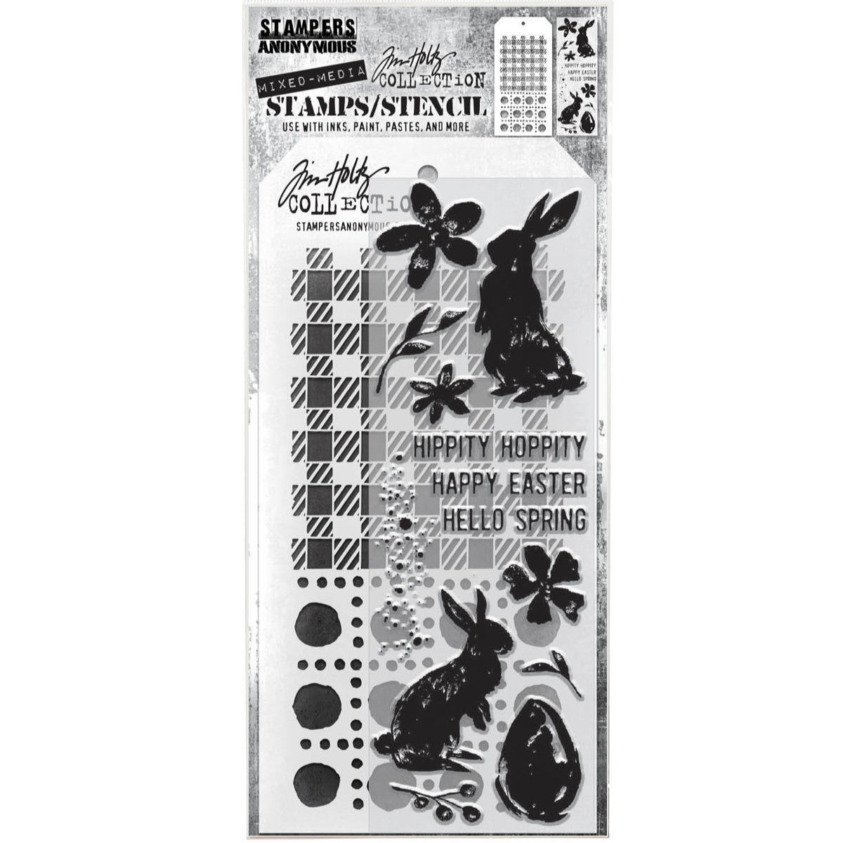 Hello Spring - Clear Stamps and Stencil Set ... by Tim Holtz and Stampers Anonymous. Set of 13 (thirteen) clear photopolymer stamps featuring two rabbit friends, Spring elements and words to compliment them, plus 1 (one) combo stencil with 2 designs, for using in papercrafts, mixed media, journaling, scrapbooking and other creative arty adventures (THMM163).