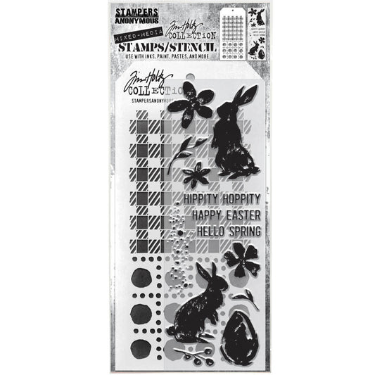 Hello Spring - Clear Stamps and Stencil Set ... by Tim Holtz and Stampers Anonymous. Set of 13 (thirteen) clear photopolymer stamps featuring two rabbit friends, Spring elements and words to compliment them, plus 1 (one) combo stencil with 2 designs, for using in papercrafts, mixed media, journaling, scrapbooking and other creative arty adventures (THMM163).