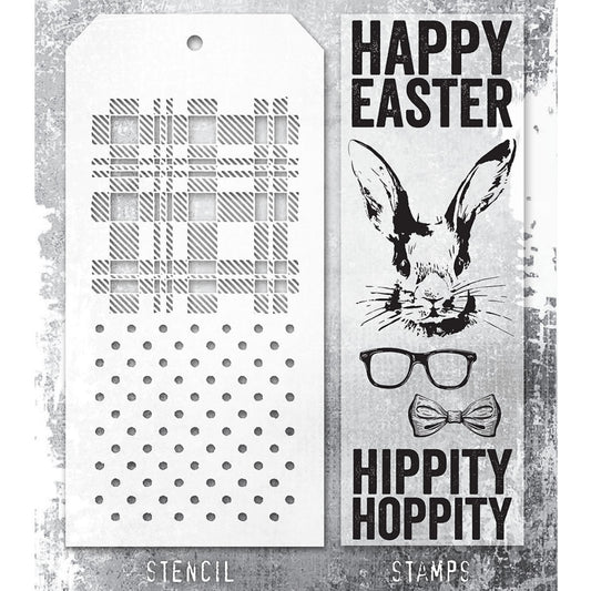 Easter Bunny - Clear Stamps and Stencil Set ... by Tim Holtz and Stampers Anonymous. Set of 5 (five) clear photopolymer stamps featuring a rabbit head, glasses, bow tie and words to suit, plus 1 (one) combo stencil with 2 designs, for using in papercrafts, mixed media, journaling, scrapbooking and other creative arty adventures (THMM164).