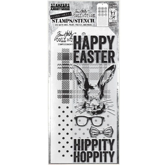 Easter Bunny - Clear Stamps and Stencil Set ... by Tim Holtz and Stampers Anonymous. Set of 5 (five) clear photopolymer stamps featuring a rabbit head, glasses, bow tie and words to suit, plus 1 (one) combo stencil with 2 designs, for using in papercrafts, mixed media, journaling, scrapbooking and other creative arty adventures (THMM164).