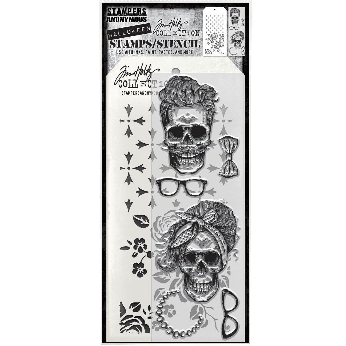 Wicked Hipsters - Clear Stamps and Stencil Set ... by Tim Holtz and Stampers Anonymous. Set of clear photopolymer stamps featuring 6 (six) fun Halloween designs of two old friends plus 1 (one) combo stencil with 2 patterns, for using in papercrafts, mixed media, journaling, scrapbooking and other creative arty adventures (THMM171).
This versatile collection of Halloween themed stamps features two old friends - Wicked Hipster grinning skulls with trendy accessories and hairdos. Smaller than the originals :)