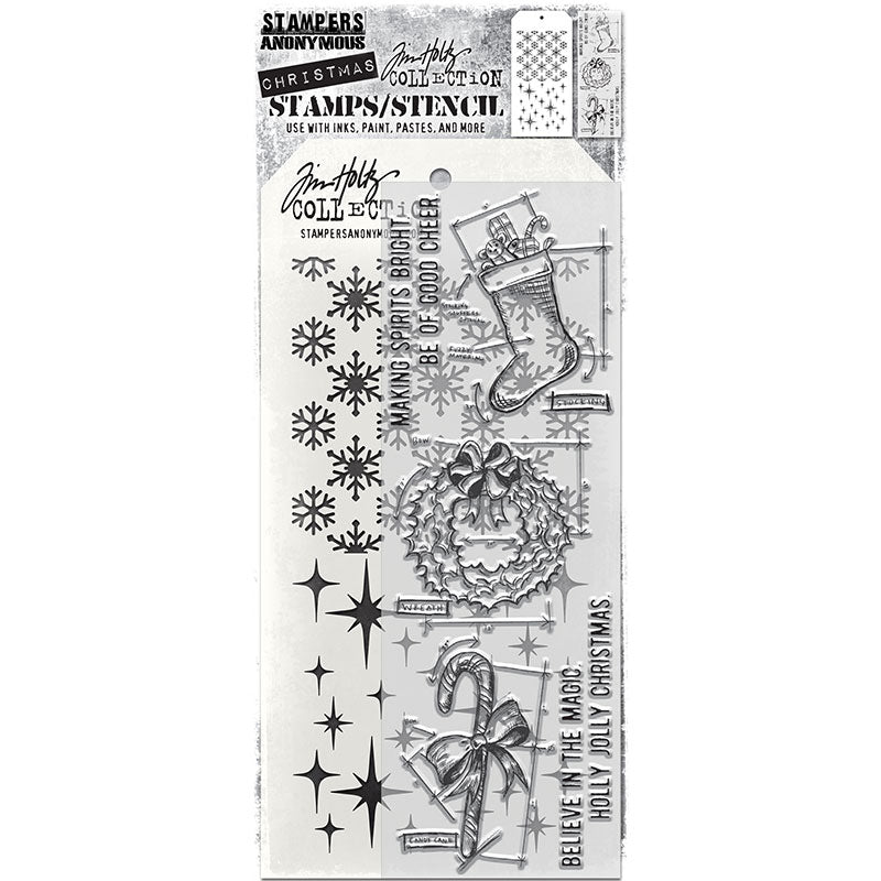 Blueprint of Stocking, Wreath, Candycane - Clear Stamps and Stencil Set ... by Tim Holtz and Stampers Anonymous. Set of clear photopolymer stamps featuring 7 (seven) beautiful Christmas designs plus 1 (one) combo stencil with 2 patterns, for using in cardmaking, junk journals, papercrafts, mixed media, journaling, scrapbooking and other creative arty adventures (THMM191). This wonderful selection of designs includes blueprint style images of stocking with toys, leafy wreath with bow, candy cane with ribbon.