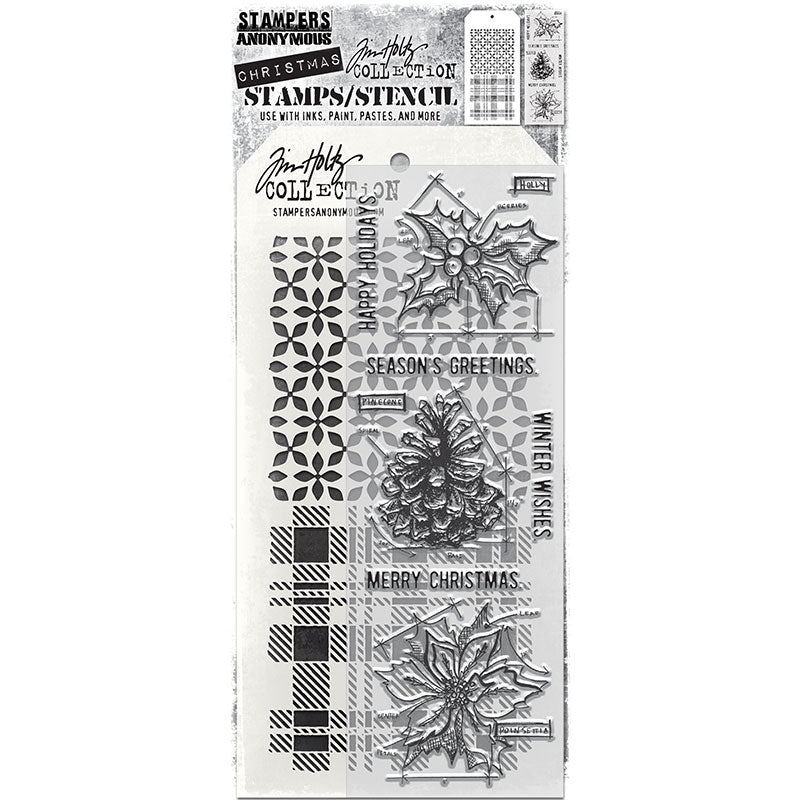 Blueprint of Holly, Pinecone, Poinsettia - Clear Stamps and Stencil Set ... by Tim Holtz and Stampers Anonymous. Set of clear photopolymer stamps featuring 6 (six) Christmas designs plus 1 (one) combo stencil with 2 patterns, for using in cardmaking, junk journals, papercrafts, mixed media, journaling, scrapbooking and other creative arty adventures (THMM192). This wonderful selection of designs includes blueprint style images of holly with berries, pinecone and poinsettia flower, greetings in uppercase.