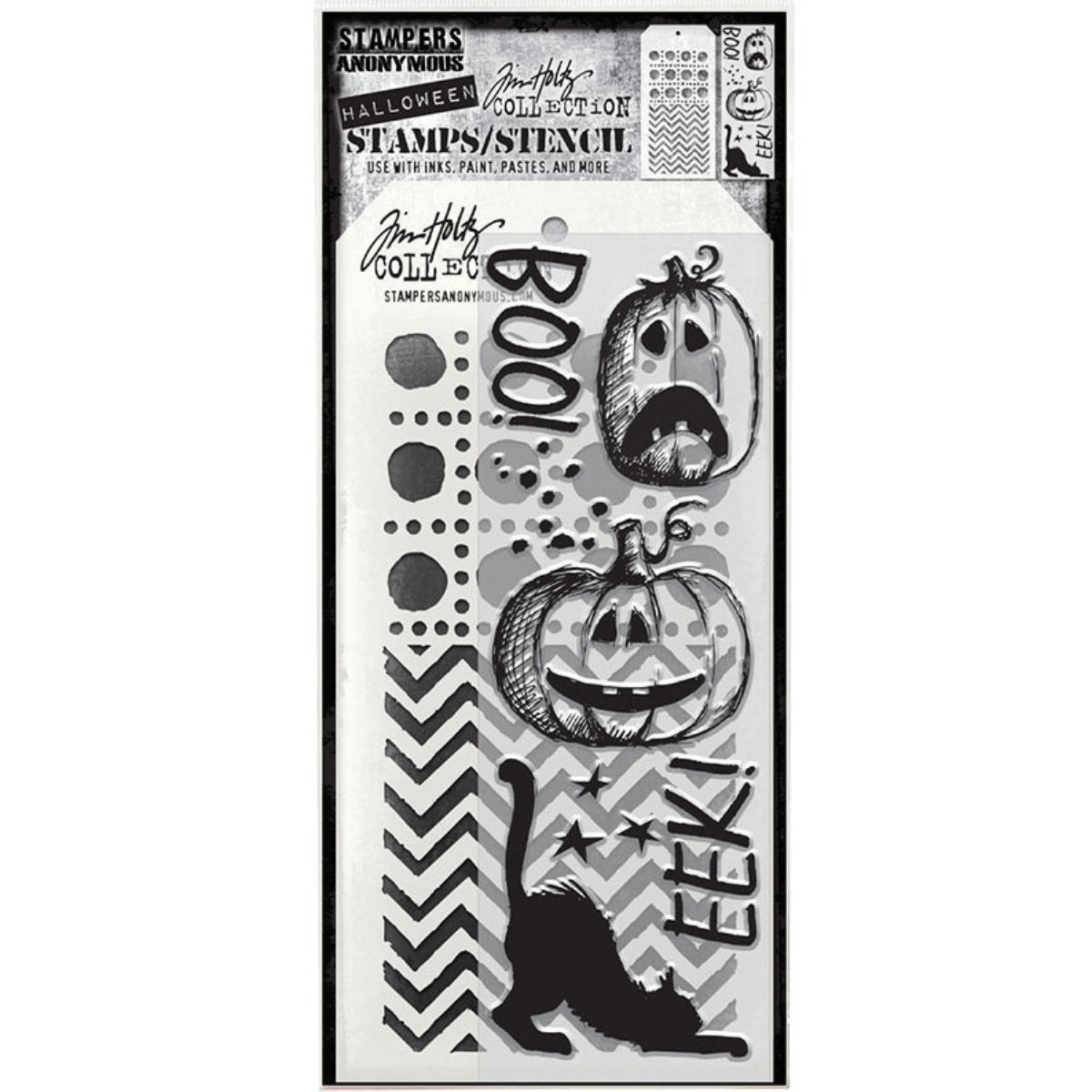 Boo! Eeek! - Clear Stamps and Stencil Set ... by Tim Holtz and Stampers Anonymous. Set of clear photopolymer stamps featuring 7 (seven) fun Halloween designs of carved style images of words boo and eek, pumpkins, cat, spatters, stars plus 1 (one) combo stencil with 2 patterns, for using in papercrafts, mixed media, journaling, scrapbooking and other creative arty adventures (THMM195).
