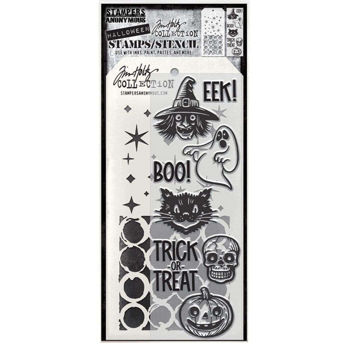 Retro Witch, Cat and Friends - Clear Stamps and Stencil Set ... by Tim Holtz and Stampers Anonymous. Set of clear photopolymer stamps featuring 8 (eight) fun Halloween designs of carved style images of witch face, ghost, cat, skull, pumpkin and words, plus 1 (one) combo stencil with 2 patterns, for using in papercrafts, mixed media, journaling, scrapbooking and other creative arty adventures (THMM198). This versatile collection of Halloween themed stamps features images and text in a carved style.