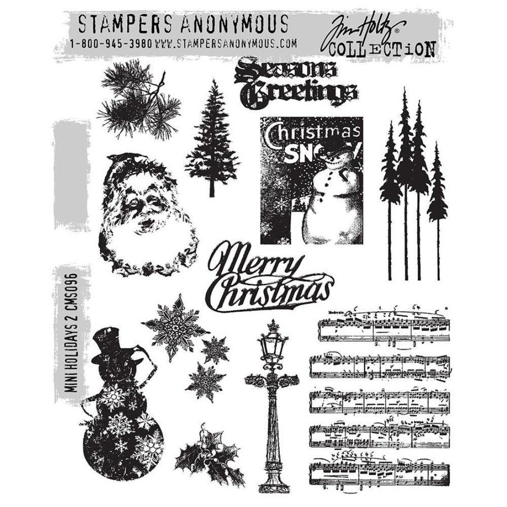 Mini Holidays, set 2 ... by Tim Holtz and Stampers Anonymous (cms096). Red rubber cling stamp set. These wonderful designs include a pine cone branch, pine trees, little forest of 4 tall pine trees, snowman with snowflake sparkles, snowflakes, holly, lamp post, sheet music, messages (season's greetings, merry Christmas, both in traditional vintage typestyles), Father Christmas (St Nick, Santa Claus) laughing portrait, and poster for Christmas snow with a snowman.