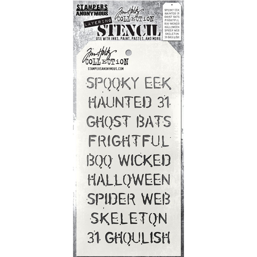 Halloween (type) - Layering Stencil by Tim Holtz and Stampers Anonymous ... mixed media and visual arts masks for adding patterns and layers using your favourite mediums. One stencil with a design of words and numbers, perfect for Halloween creativity. Overall stencil is 4" x 8 1/2". THS027. An uppercase typestyle 11mm high, with speckly effects scattered around for a grungy effect - spooky, eek, haunted, ghost, bats, frightful, boo, wicked, web, ghoulish, spider, skeleton, 31, 13.